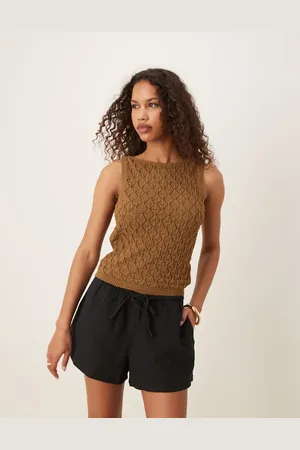 Gina Tricot Pantalones cortos negros holgados con cordón ajustable de lino de