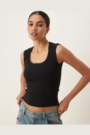 Gina Tricot Camiseta negra de tirantes con ribetes bordados de algodón de
