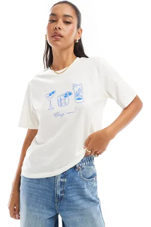 ONLY Camiseta blanca de corte estándar con estampado gráfico de cócteles de