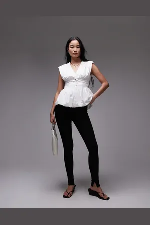 ARKET Blusa blanca con cintura estilo corsé y jaretas de popelina de algodón de