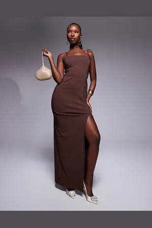 Vesper Vestido largo marrón de tirantes anudados con abertura hasta el muslo de bengalina de