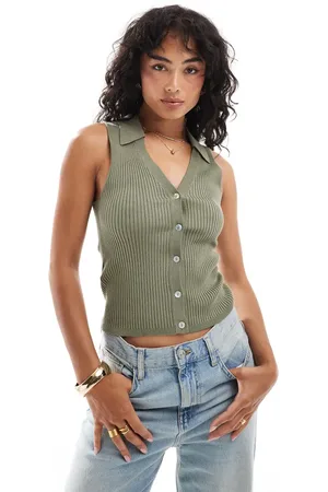 MANGO Top abotonado con cuello tipo polo de -Verde