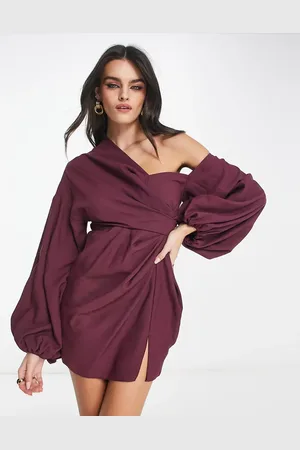ASOS Vestido corto color drapeado con escote Bardot y mangas globo de -Rojo