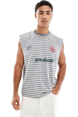 ASOS Camiseta gris jaspeado a rayas blancas de corte cuadrado extragrande sin mangas con estampado en el pecho de