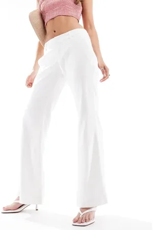Hollister Pantalones de sastre blancos holgados de campana y talle bajo de lino de