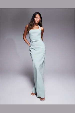 Vesper Vestido largo verde ajustado con cuello halter de tiras de bengalina de