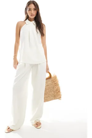 ASOS Pantalones color de talle bajo de mezcla de lino de (parte de un conjunto)-Blanco