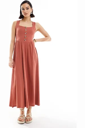 ASOS Vestido veraniego midi color con escote cuadrado y detalle de botones de -Rojo