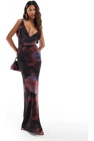 ASOS Vestido largo con cuello desbocado escotado, detalle de lazada y estampado floral difuminado de malla de -Multicolor