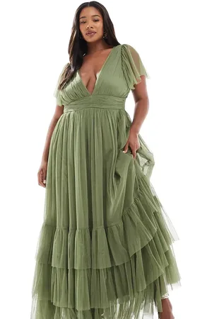 Lace & Beads Vestido de dama de honor largo verde oliva pálido Madison de