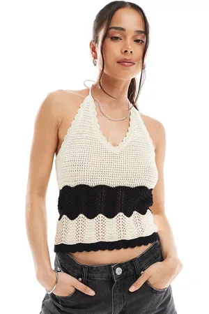 VERO MODA Top color crema y negro con cuello halter de punto de croché de -Blanco