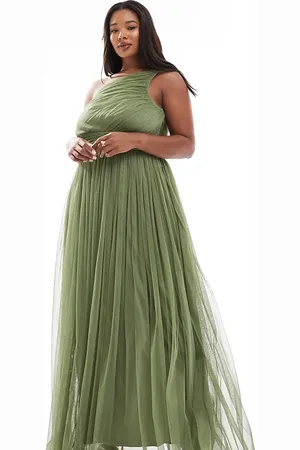Lace & Beads Vestido de dama de honor largo verde oliva pálido asimétrico de