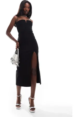 Vesper Vestido midi de tirantes finos con abertura hasta el muslo y detalle de muesca de bengalina de