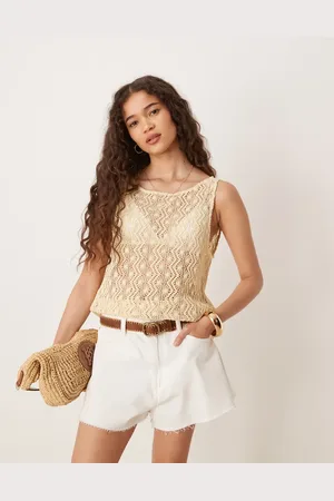 VILA Top color crema traslúcido sin mangas con patrón en zigzag de croché de -Blanco