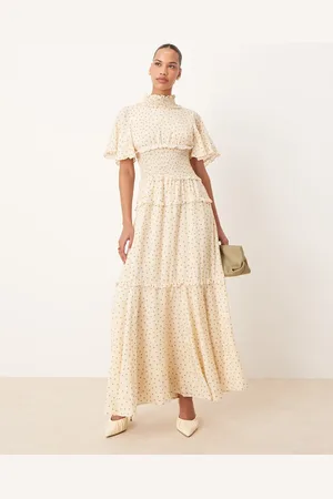 Sister Jane Vestido largo verde y blanco marfil fruncido con estampado de lunares de