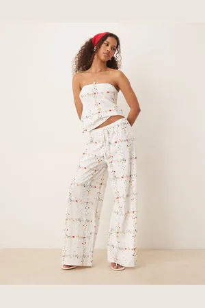 ASOS Pantalones de corte recto con estampado a cuadros florales, bordado inglés y cordón ajustable de -Multicolor