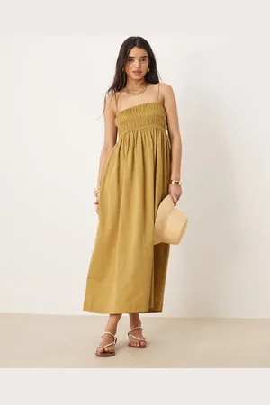 ASOS Vestido largo verde con pecho fruncido de algodón satinado de