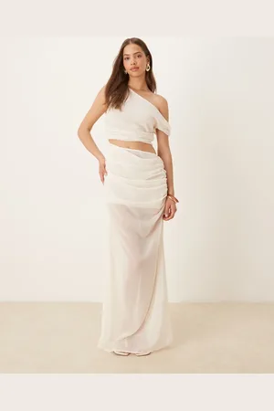 SNDYS Vestido largo transparente con escote Bardot y abertura lateral de
