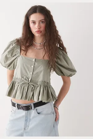Monki Blusa de estilo mesonera con mangas abullonadas y sobrefalda de -Verde