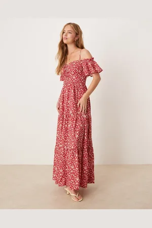 Kiss The Sky Vestido midi rojo escalonado con escote Bardot y estampado de florecitas de