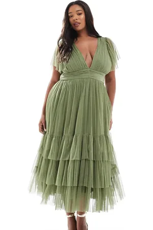 Lace & Beads Vestido de dama de honor midi verde oliva pálido Madison de