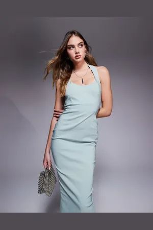 Vesper Vestido semilargo verde ajustado con cuello halter ancho de bengalina de