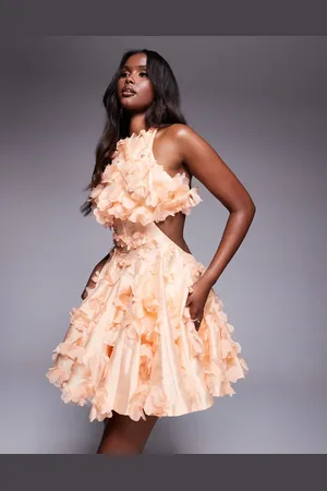 ASOS Vestido corto color de corte skater con estampado floral tridimensional y cuello halter de -Naranja