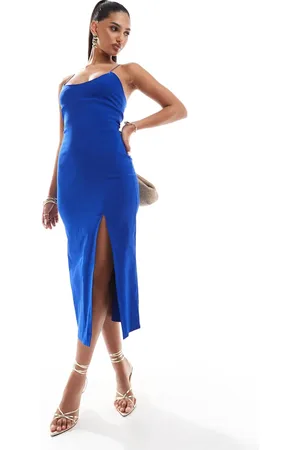 Vesper Vestido semilargo azul de tirantes con tiras cruzadas en la espalda de bengalina de