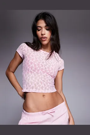 ASOS Camiseta rosa de manga corta con diseño encogido de encaje de