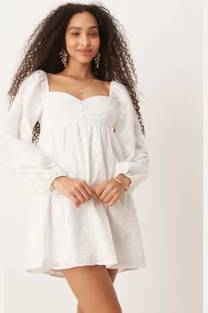 Gina Tricot Vestido corto blanco de manga larga con estampado floral y botones de