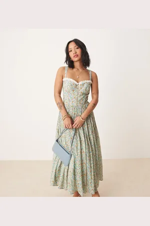 Lace & Beads Vestido midi azul estilo corsé con estampado de florecitas de algodón de