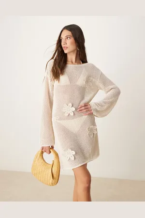 ASOS Vestido playero corto color con flores tridimensionales de punto de -Blanco