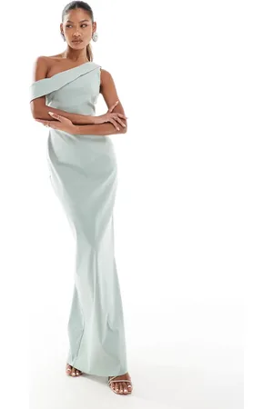 Vesper Vestido largo verde con hombro descubierto y detalle drapeado de bengalina de