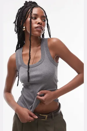 Topshop Top oscuro jaspeado de tirantes con cuello ancho de canalé de