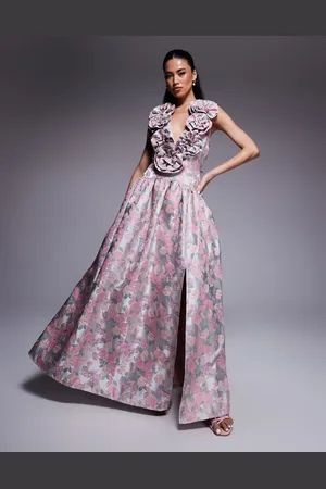 ASOS Vestido largo escotado con cintura baja, estampado floral de jacquard y flores de