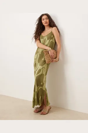 VILA Vestido midi verde salvia de tirantes con estampado floral de punto liso de