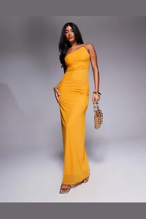 ASOS Vestido largo asimétrico con tirante doble y detalle de herraje dorado de malla fruncida de