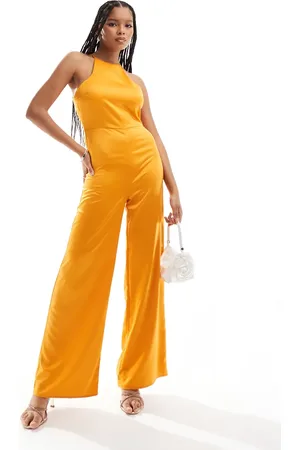 ASOS Mono largo naranja luminoso de pernera ancha con espalda de nadadora de satén de