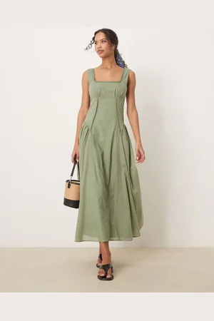 ASOS Vestido semilargo de estilo campestre con cuello cuadrado y cintura baja de -Verde