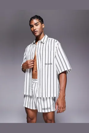 ASOS Camisa color a rayas de corte cuadrado extragrande con bordado en el pecho de (parte de un conjunto)-Neutro