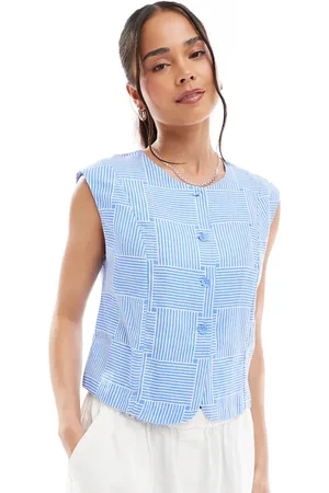 Object Chaleco corto azul con estampado de hilos cruzados de -Blanco