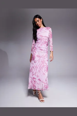 ASOS Vestido largo violeta fruncido de manga larga con diseño estampado de malla de -Multicolor