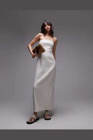 Topshop Vestido midi beis con escote palabra de honor de lino de -Neutro