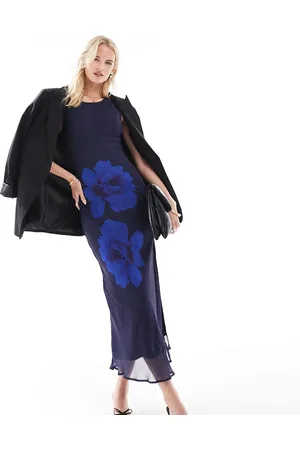 ASOS Vestido midi azul de corte recto con estampado de flores de ASOS DESIGN Tall
