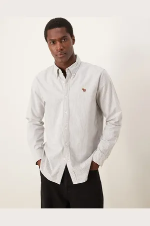 Abercrombie & Fitch Camisa Oxford a rayas grises con logo de icono de