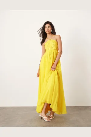 ASOS Vestido largo amarillo con bordado cornelli en la parte superior de satén y falda de chifón de