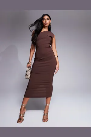 Vesper Vestido midi marrón asimétrico con detalle de lazo de bengalina de