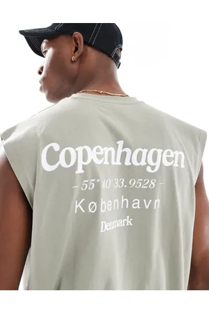 ASOS Camiseta verde grisáceo sin mangas extragrande con estampado gráfico de texto "Copenhagen" de