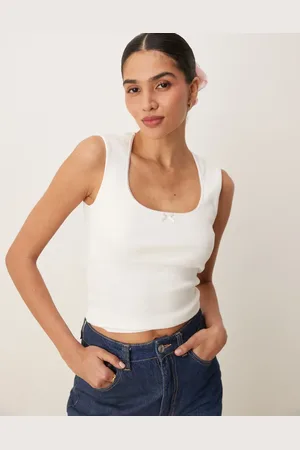 Gina Tricot Camiseta blanca de tirantes con ribetes bordados de algodón de
