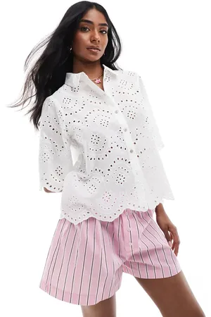 ONLY Camisa blanca de manga corta de punto pointelle de
